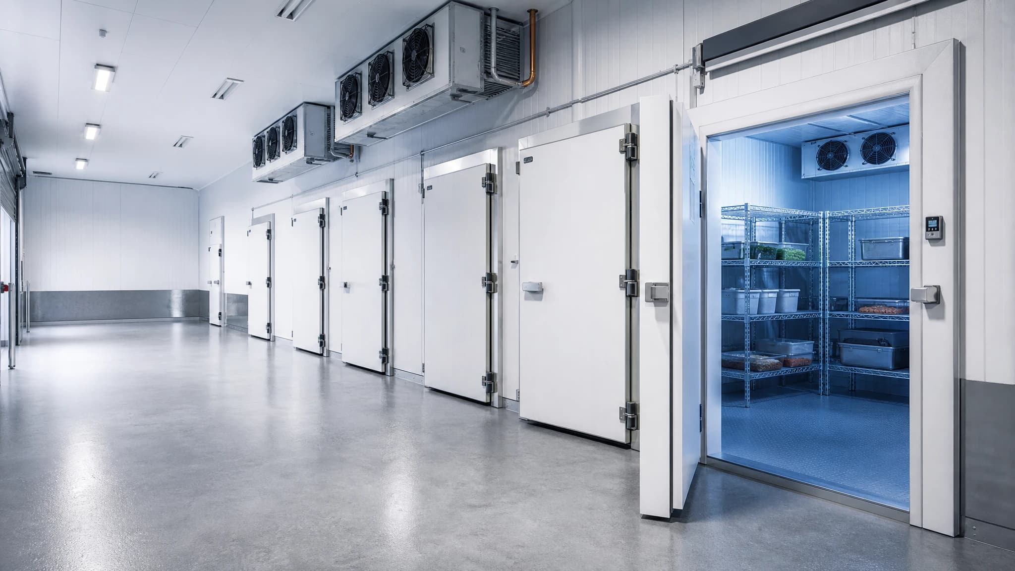 Commercial cold storage corridor with walk-in refrigeration doors and open cooler storage