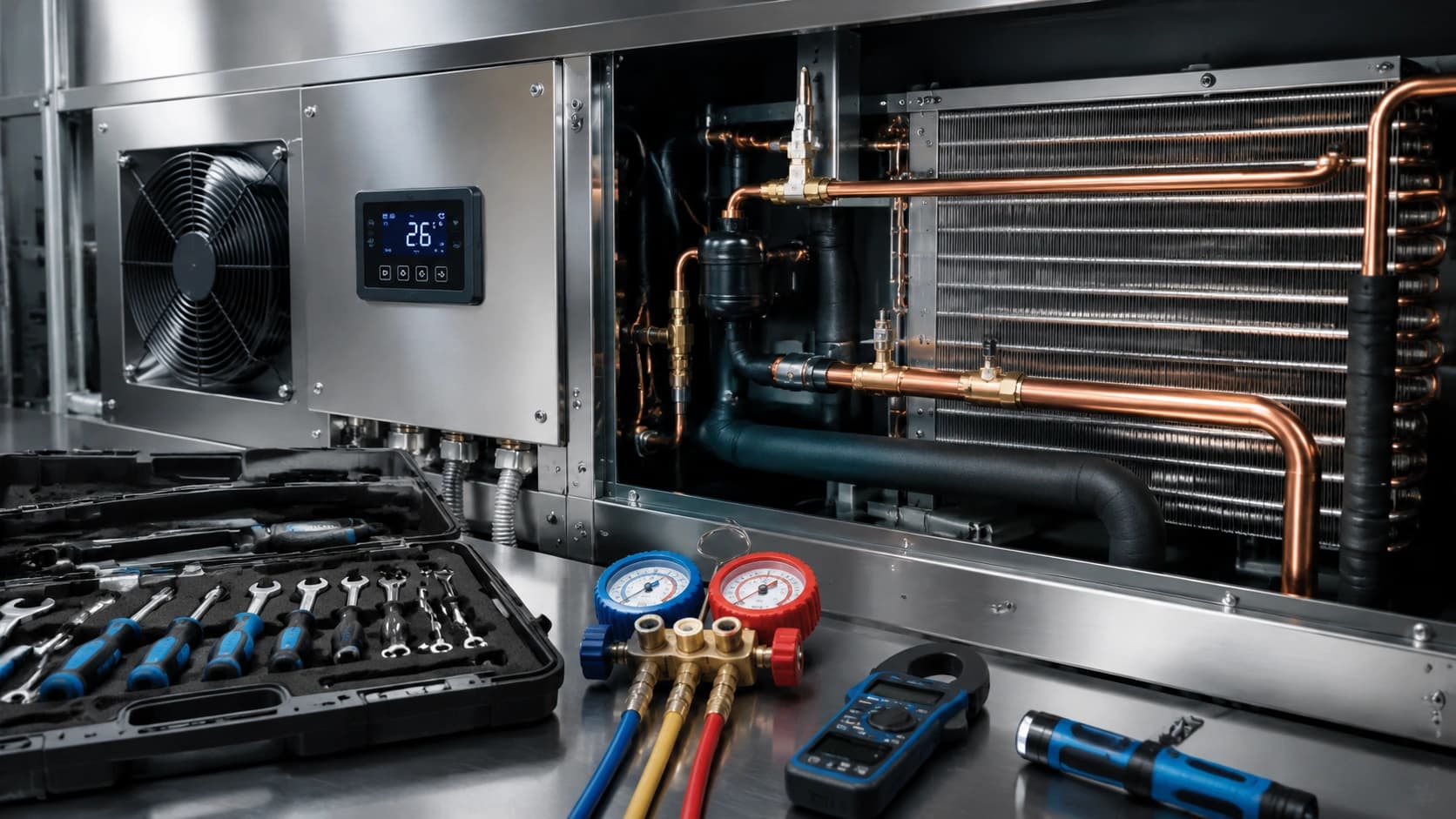 Commercial refrigeration maintenance tools with condenser coil, copper lines, and temperature controls