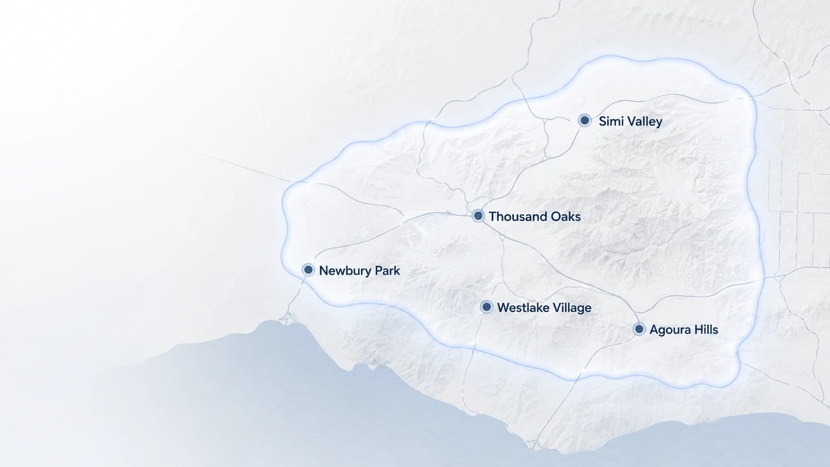 Conejo West service area map showing Thousand Oaks, Newbury Park, Westlake Village, Agoura Hills, and Simi Valley